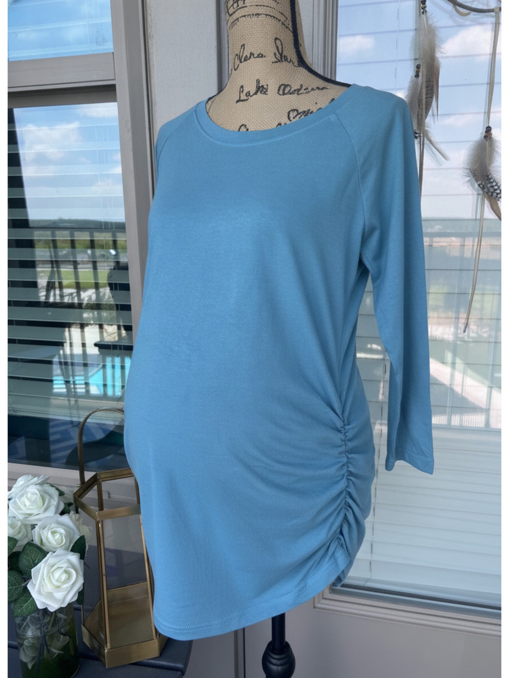 Pact Womens Size Large Light Blue Organic Cotton 3/4 Sleeve Ruched Dress Large L